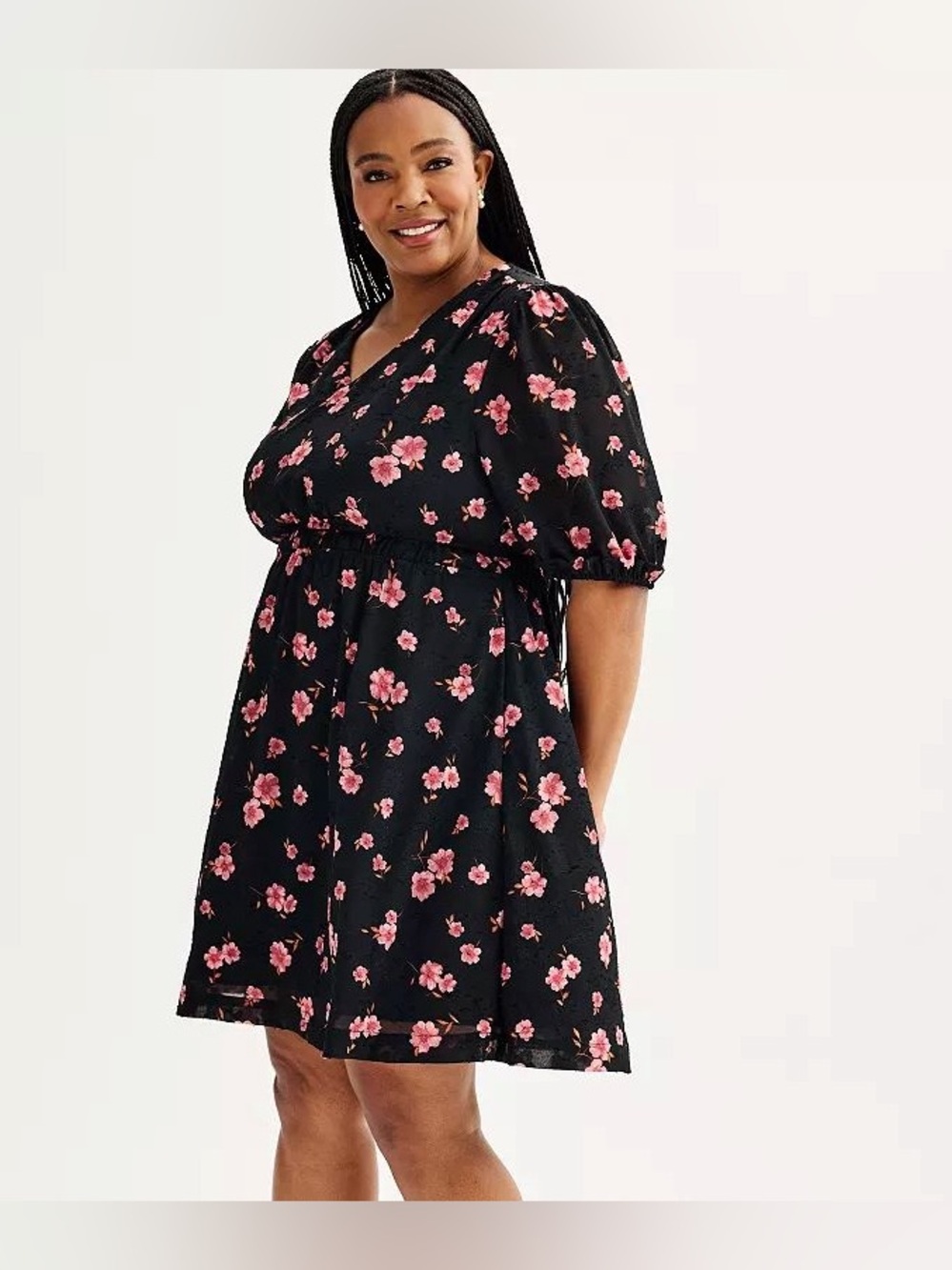 Nordstrom Draper James Black Floral V-Neck Puff Sleeve Dress